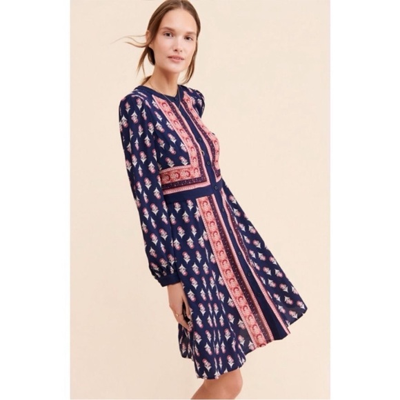 Gal Meets Glam Woodblock Print Midi Dress Size 0 Button Up Long Sleeve Blue - Picture 5 of 13